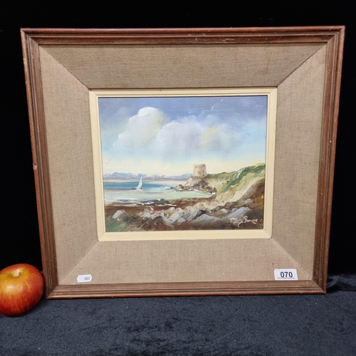 70 - A good sized original acrylic on canvas painting featuring a soft rainbow-like coastal scene complet... 