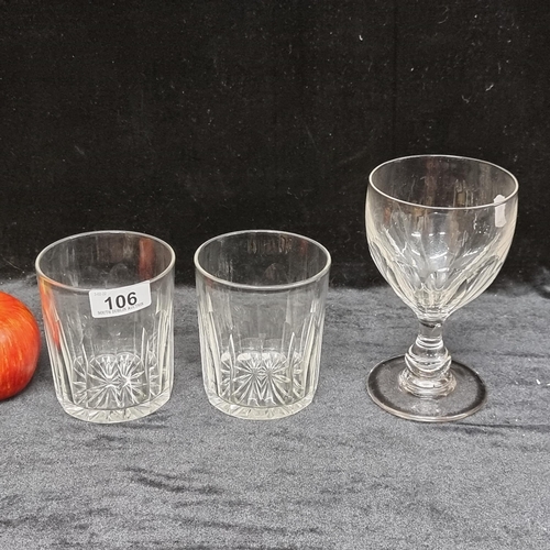 106 - Three mid 19th century elegant antique crystal glasses including a pair of large tumblers with starb... 
