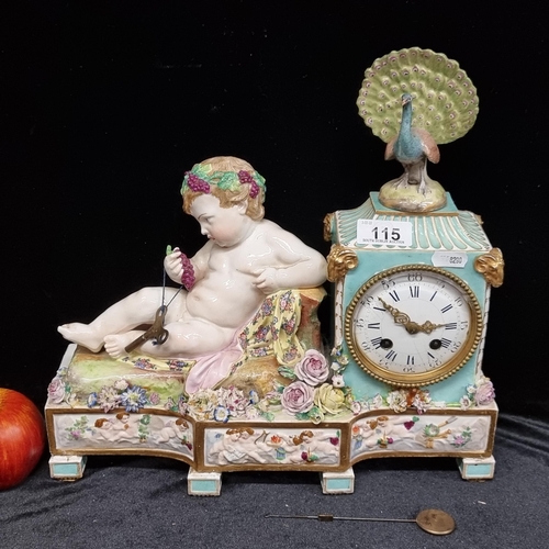 115 - Star Lot : An impressive antique Meissen porcelain figural mantel clock with a young reclining Bacch... 