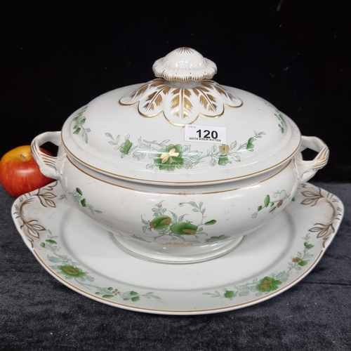 120 - An antique large ceramic soup tureen and platter by Vista Allegra Portugal, hand painted with a deli... 