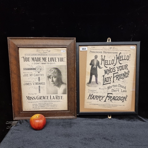 64 - Two framed vintage music manuscripts for 1920's concerts, including 'You made me love you (I didn't ... 
