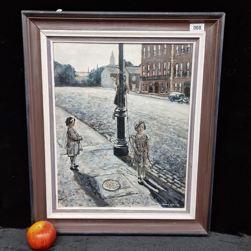 68 - A large original oil on canvas painting featuring a cool toned street scene with two young girls sta... 