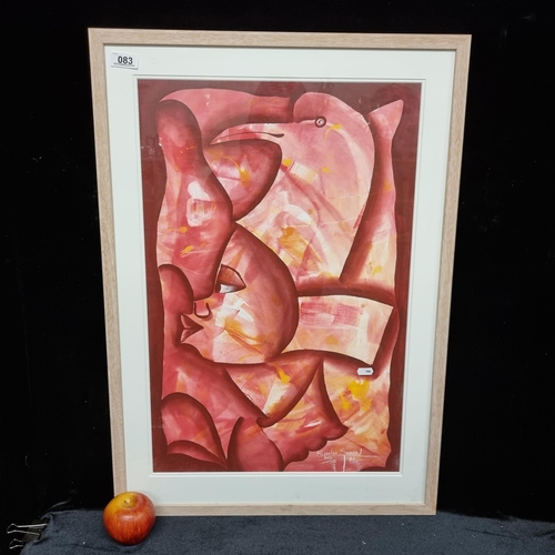 83 - A large original fabric painting of an abstracted cubist piece in which several subjects can be seen... 