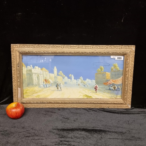 89 - A good sized original acrylic on paper painting showing a Middle Eastern street scene in characteris... 