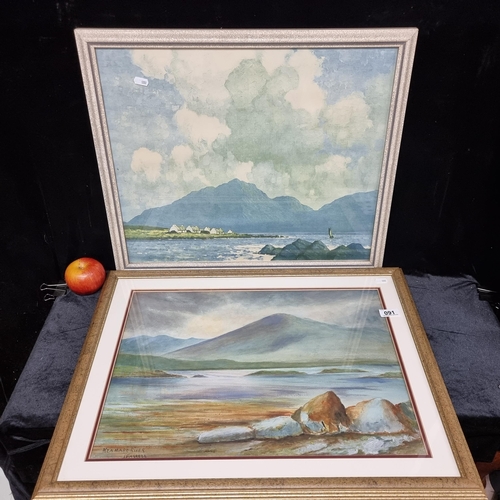 91 - A large high quality print of a Paul Henry painting, 'Connaught fishing viliage', along with a large... 