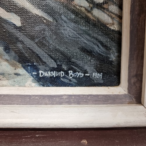 68 - A large original oil on canvas painting featuring a cool toned street scene with two young girls sta... 