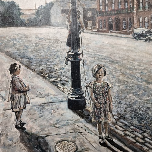 68 - A large original oil on canvas painting featuring a cool toned street scene with two young girls sta... 