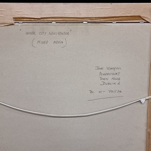 67 - A large original mixed media work titled ' Innercity news vendor' (1989) by the established Irish ar... 