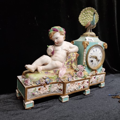 115 - Star Lot : An impressive antique Meissen porcelain figural mantel clock with a young reclining Bacch... 