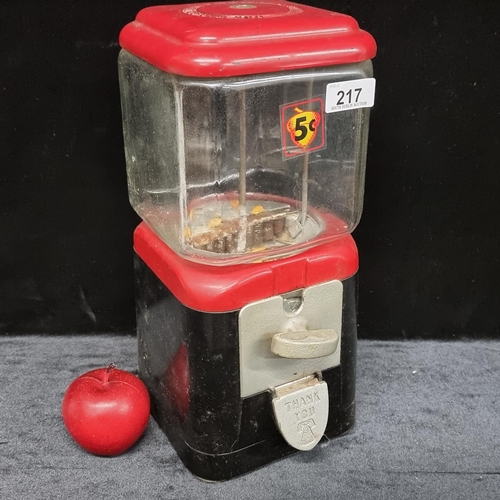 217 - A vintage Oak Acorn 5 cent peanut dispenser, Genuine one with lots of age in Glass and cast metal.