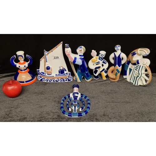 229 - 7 pieces of Spanish made Sargadelos porcelain, including figurines, candle holders and a decorative ... 
