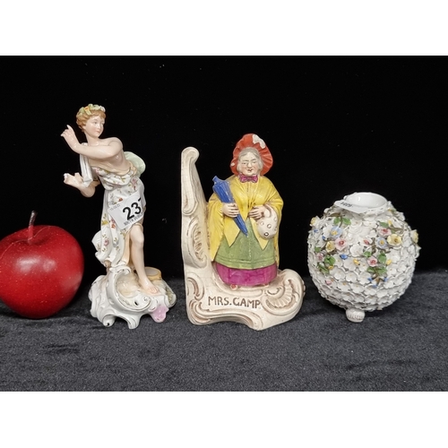 237 - 3 porcelain 19th century items including a book end of Mrs Camp, a miniature vase with elaborate rel... 