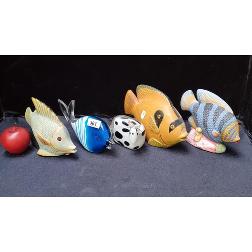 361 - Five decorative items, including three hand painted fish and two glass sculptures of a cow and a fis... 