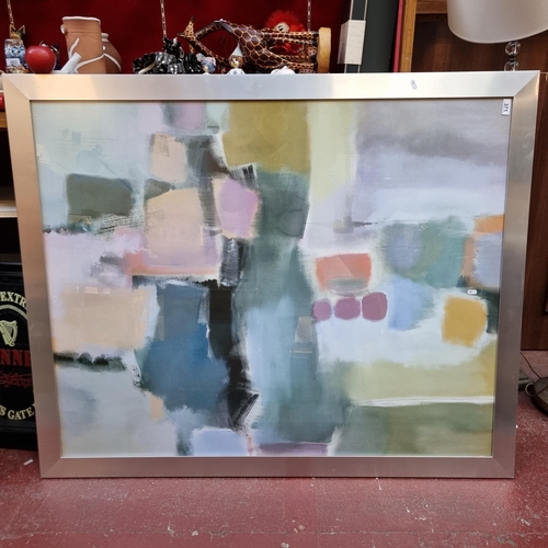 371 - A very large Chrome frame containing an abstract print in shades of green, orange, purple and grey. ... 