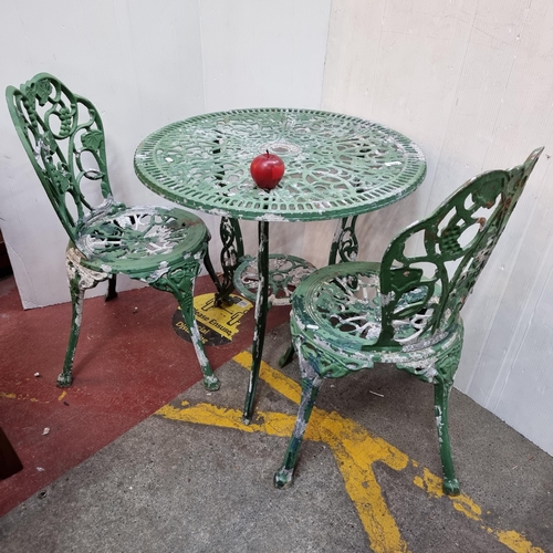 390 - A pretty three-piece, metal Garden Furniture set in a Victorian style. Including one table and two c... 