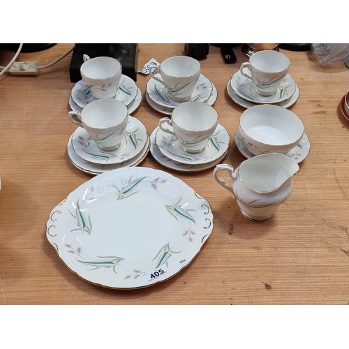405 - 20 pieces of vintage Paragon China in a cool toned leaf pattern with pink and gilt accents.
