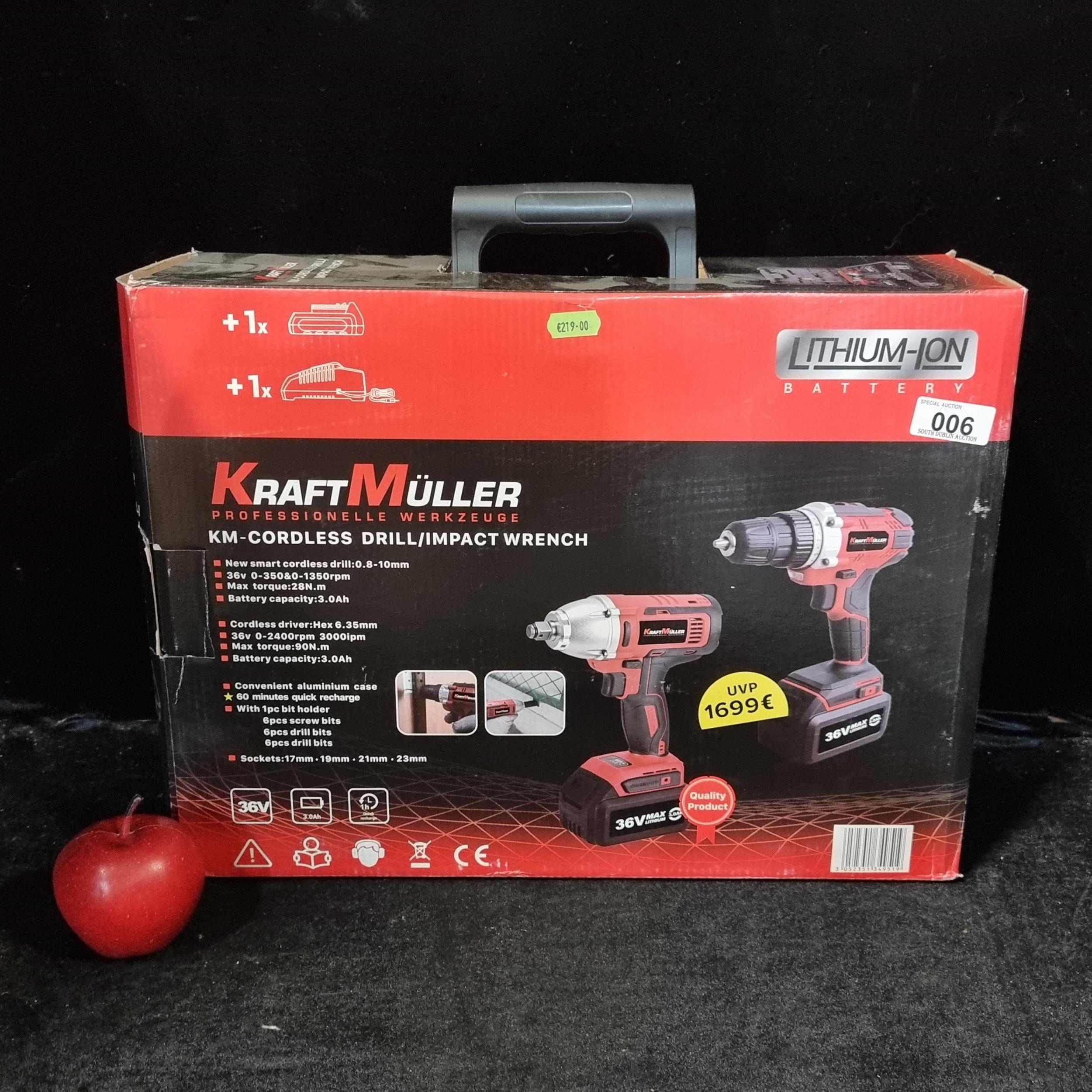 Kraft Muller KM - Cordless Drill and Impact Wrench set with 2 Lithium-ion  batteries. 36V /0-2200rpm/