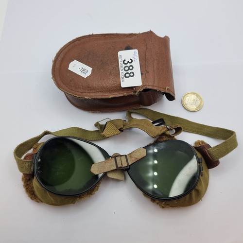 388 - Pair of WW2 Fur lined pilots goggles with original leather case.