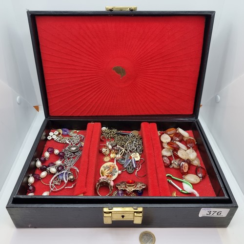 376 - Black vintage jewellery box with interesting jewellery inc Sterling Silver earrings and a Victorian ... 