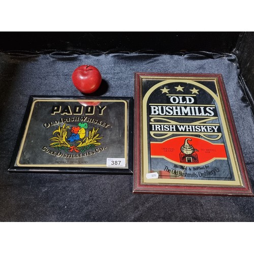 387 - Two neat size vintage pub mirrors one for Paddys old Irish Whiskey and the other for Old Mushmills, ... 