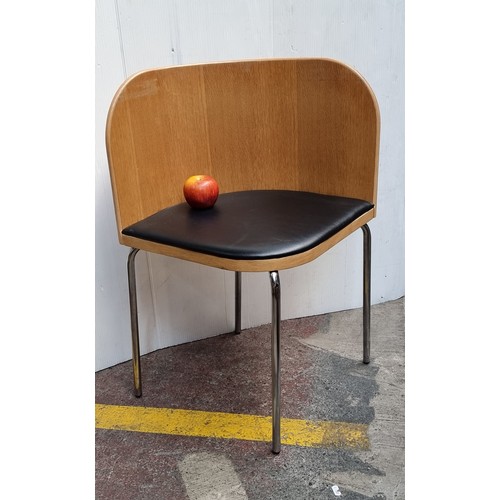 432 - A Mid-century round edged square dining table with four chairs in black upholstery and chrome legs. ... 