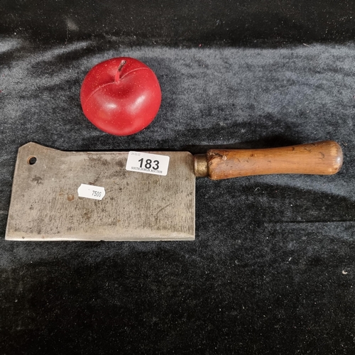 183 - A vintage Darcourt brand meat cleaver with a cast steel blade and turned beech wood handles. Circa 1... 