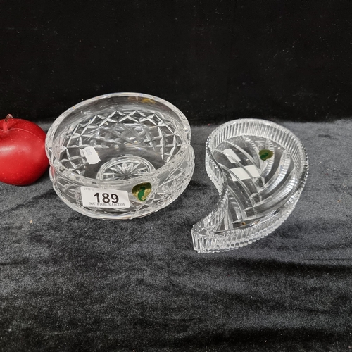 189 - Two Waterford Crystal items including a leaf dish and an etched Rose bowl. Both stamped with acid ma... 
