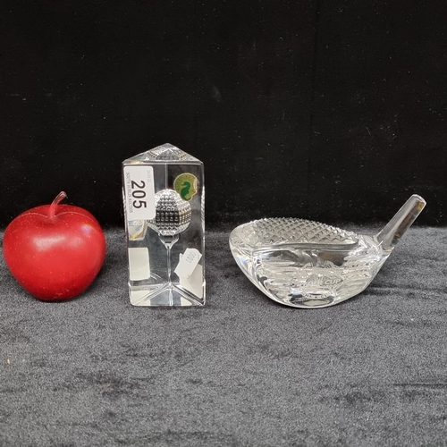 205 - Two golf related crystal decorative items by Waterford Crystal, including a golf ball statue and a l... 
