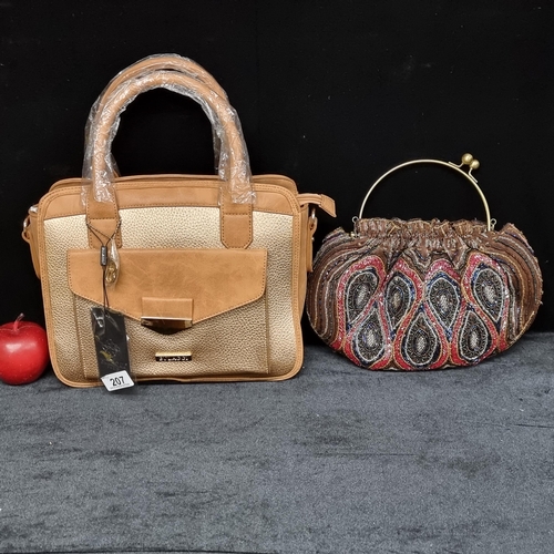 207 - Two handbags, including a lovely ornately beaded example with peacock colourful pattern. Together wi... 