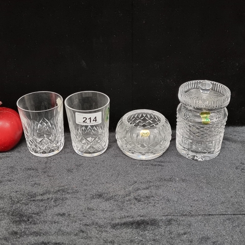 214 - Four Crystal items, including two Waterford Crystal tumbles and a stunning lidded jam pot. All in go... 