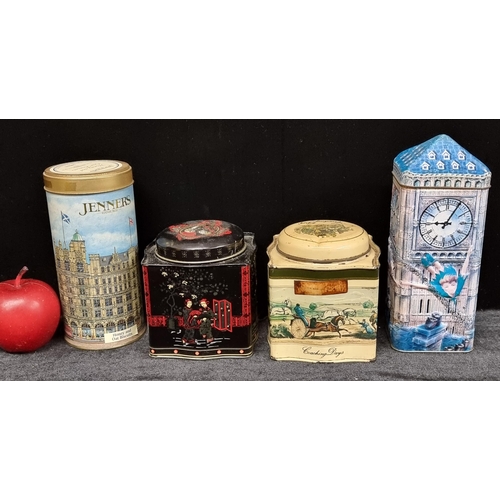 221 - A selection of four tin items, including a vintage tea caddy by Baretware in the 