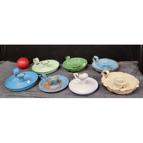 232 - 7 beautiful vintage chamber candle holders - enamelled in shades of blue, green and white.