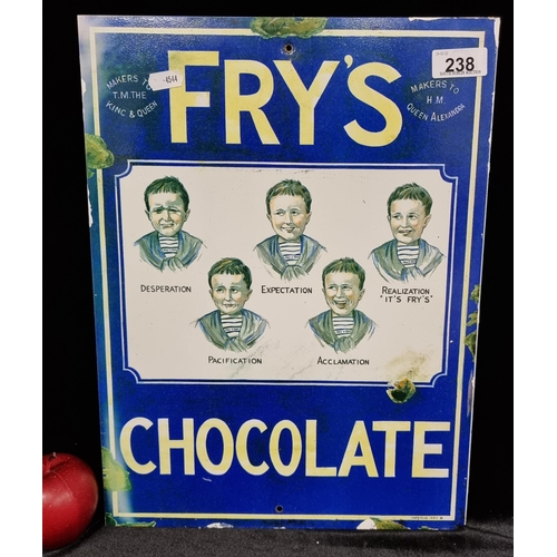 238 - A metal advertisement for ''Fry's Chocolate'' depicting the different stages of waiting for and eati... 