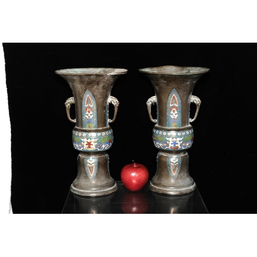 553 - A beautiful pair of 19th century bronze Japanese Champlevé cloisonné vases. Beautifully decorated wi... 