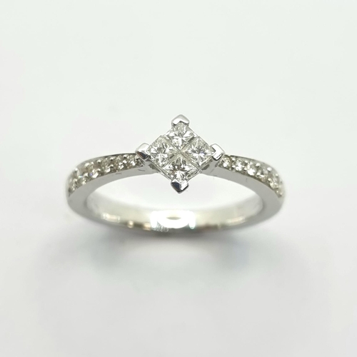 1 - Star Lot: A very fine quad square diamond ring, with a total of 54 points of diamonds. Set in 18K wh... 