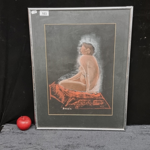103 - An original chalk pastel on paper drawing of a climbing nude woman, with the bright tones contrastin... 
