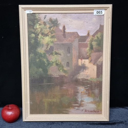 65 - A good-sized original oil on wood painting depicting a Provincial canal-side scene at sunset, with d... 