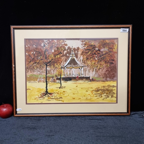 66 - A framed gouache and Indian Ink on paper painting. Depicting a warm Autumnal scene of the bandstand ... 