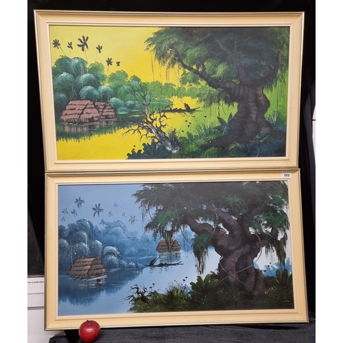 69 - Two very large original acrylic on canvas boards by the artist Albert featuring tropical scenes with... 