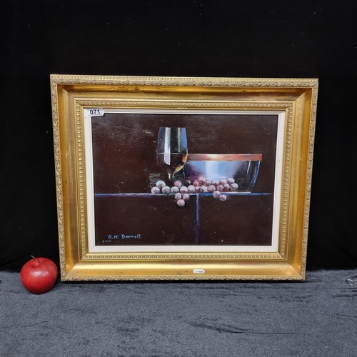 71 - A stunning original oil on board showing a still life of grapes, wine glass and a bowl in hyper-real... 