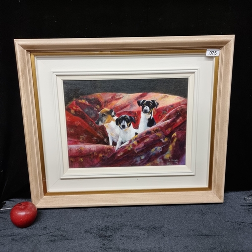 75 - A large original oil on board featuring three Jack Russel puppies peeking out of their cozy red bedd... 