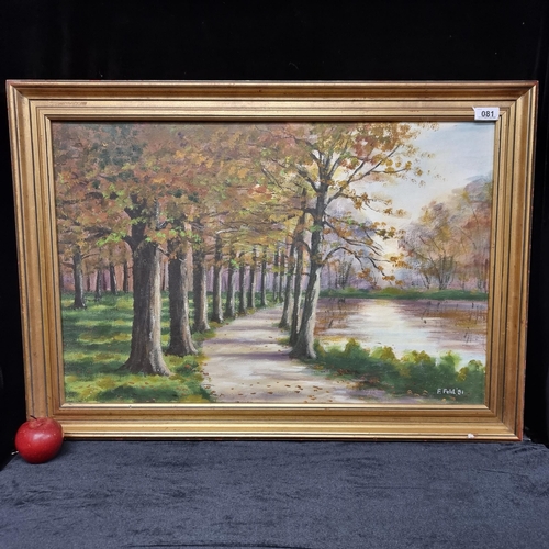 81 - Frank Field original large oil on canvas, dated 1981. Shows a tranquil wooded walkway by a river. Fr... 