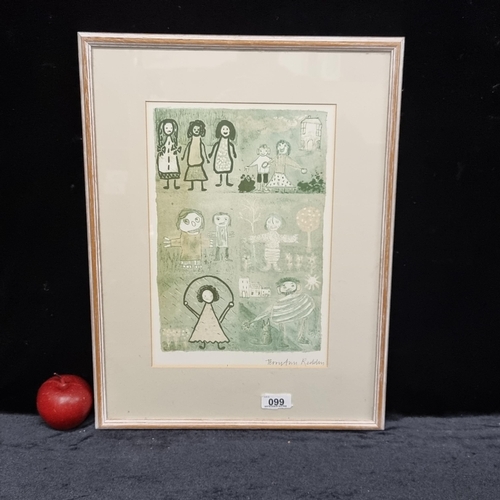 99 - A high quality print showing a naive depiction of children including one with their house, one with ... 