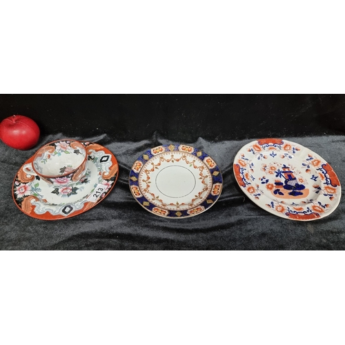 213 - Four mid Victorian porcelain items including tea cup and saucer pair of Masons mandarin pattern