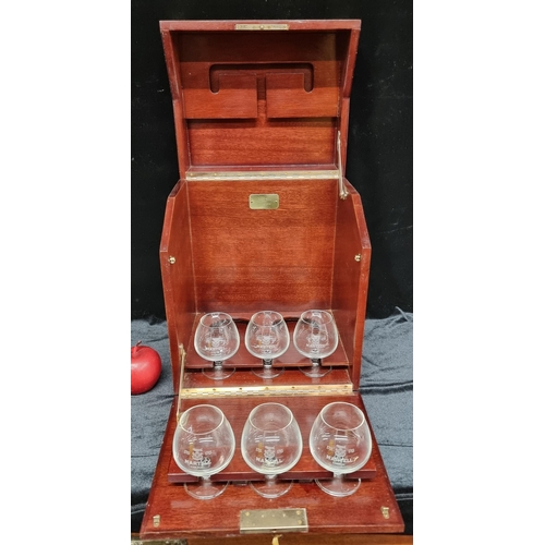 214 - A Vintage wooden Martell cognac display case with 6 etched Martell glasses with original key