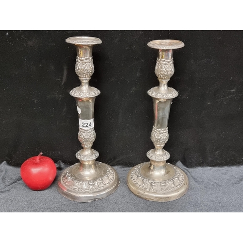 224 - An elegant pair of 19th century tall silver plated candlesticks with foliate relief detail. Very hig... 