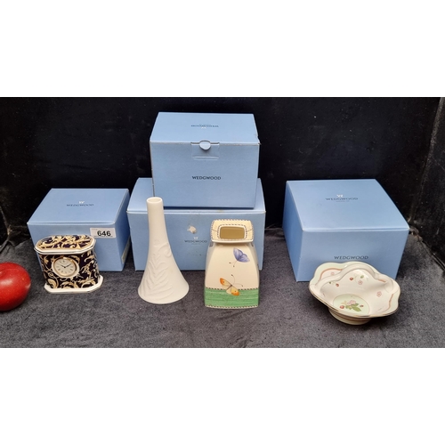 646 - Four Wedgwood items including a ceramic desk clock in the style 'Cornucopia', vase in the style 'Sar... 
