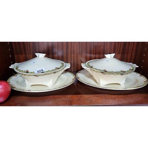 574 - 29 pieces of Crown Duel Art Deco dinnerware made in england (pattern 796148) in soft yellow with str... 