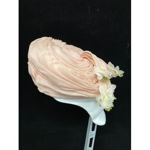 758 - A stunning 1960's vintage Christian Dior turban hat in pleated pink chiffon fabric and flower tassle... 