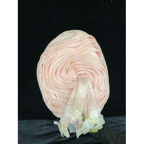 758 - A stunning 1960's vintage Christian Dior turban hat in pleated pink chiffon fabric and flower tassle... 